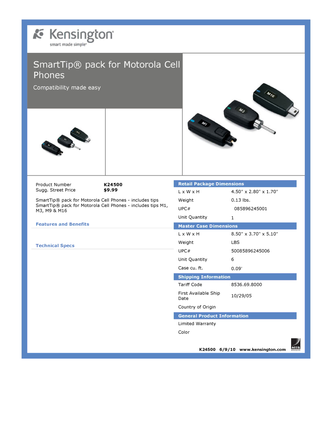 Kensington EU64325 dimensions SmartTip pack for Motorola Cell Phones 