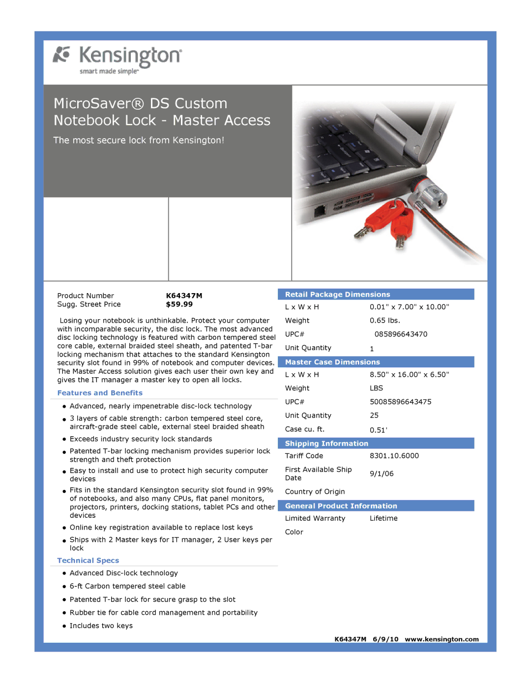Kensington EU64325 dimensions MicroSaver DS Custom Notebook Lock Master Access 