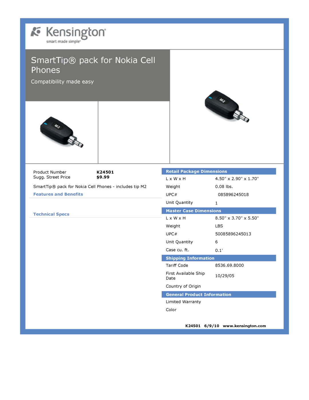 Kensington EU64325 dimensions SmartTip pack for Nokia Cell Phones 