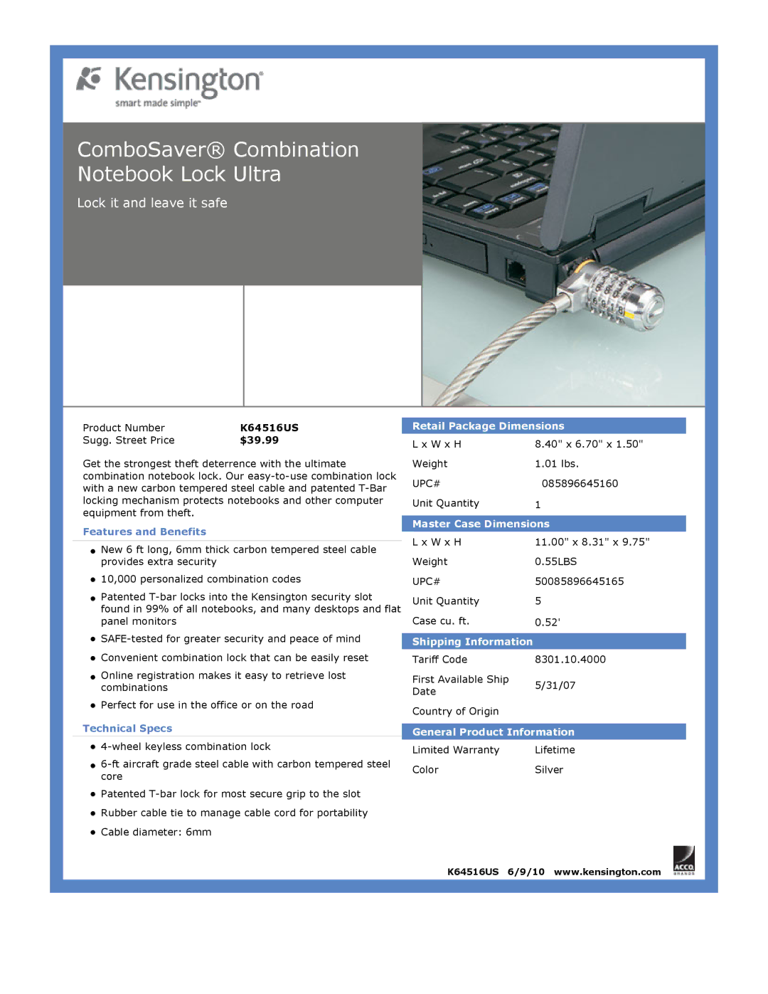 Kensington EU64325 dimensions ComboSaver Combination Notebook Lock Ultra, Lock it and leave it safe 