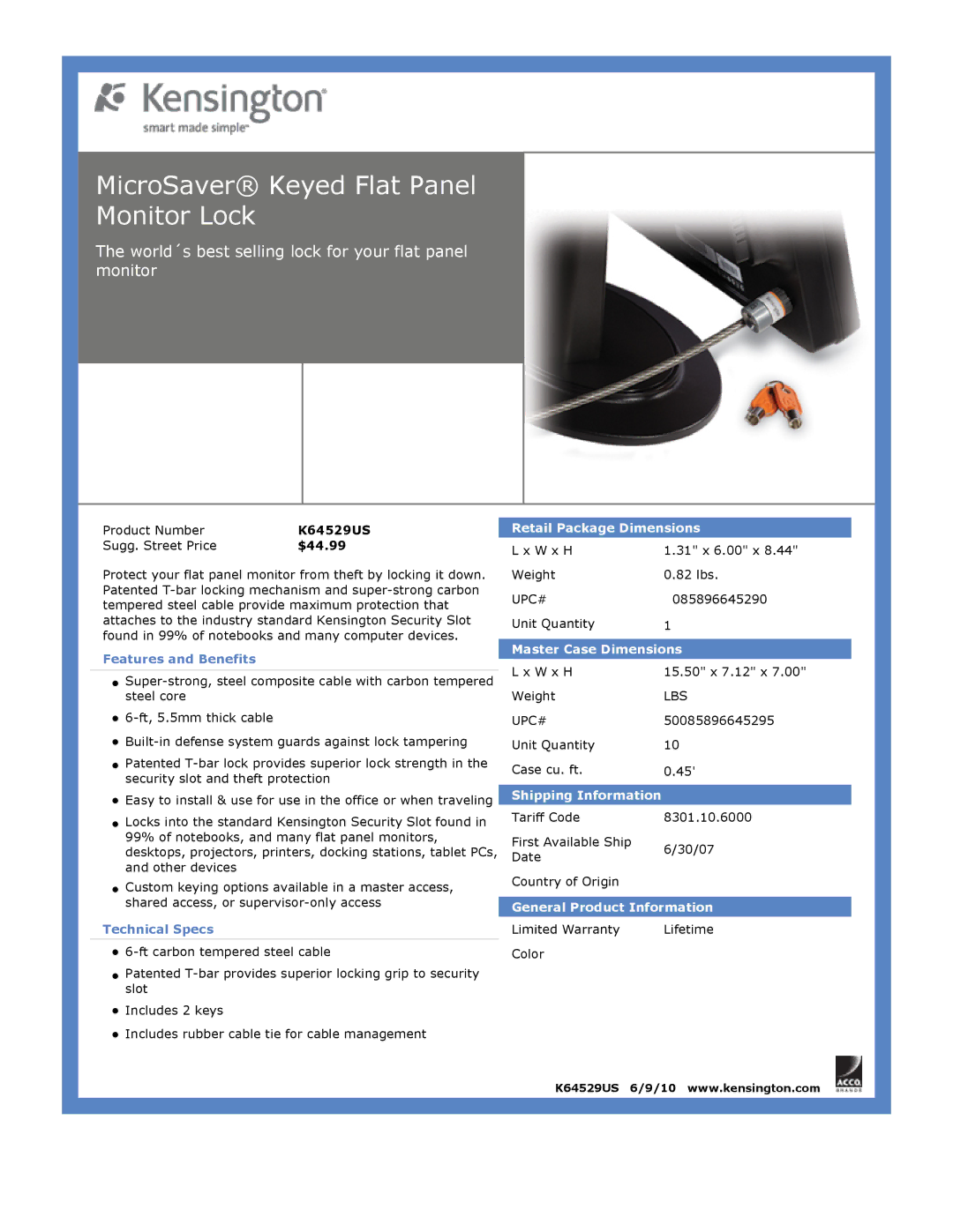 Kensington EU64325 MicroSaver Keyed Flat Panel Monitor Lock, World´s best selling lock for your flat panel monitor 