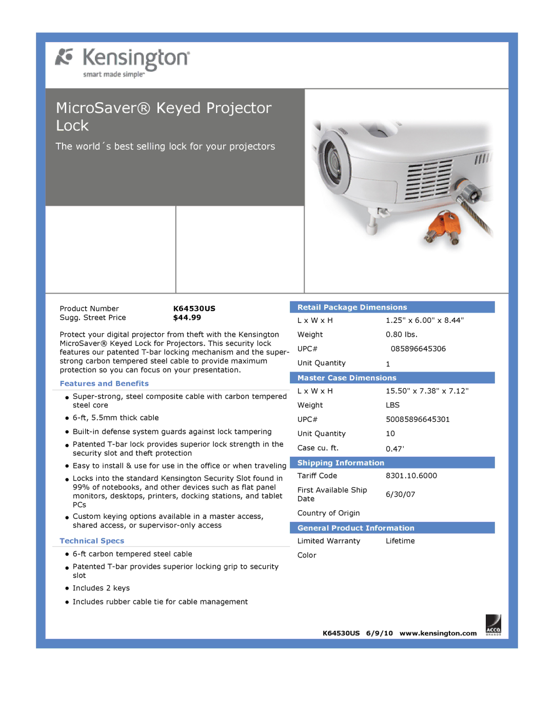 Kensington EU64325 dimensions MicroSaver Keyed Projector Lock, World´s best selling lock for your projectors 