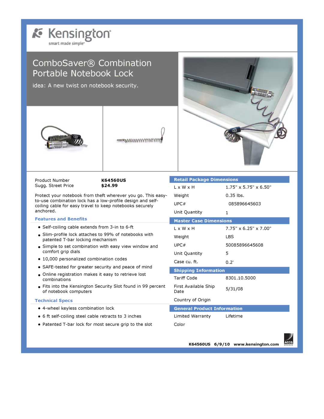 Kensington EU64325 dimensions ComboSaver Combination Portable Notebook Lock, Idea a new twist on notebook security 