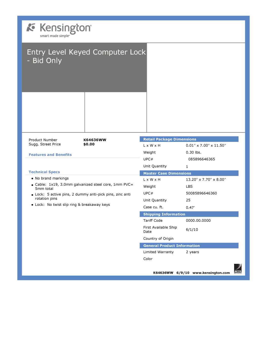 Kensington EU64325 dimensions Entry Level Keyed Computer Lock Bid Only 