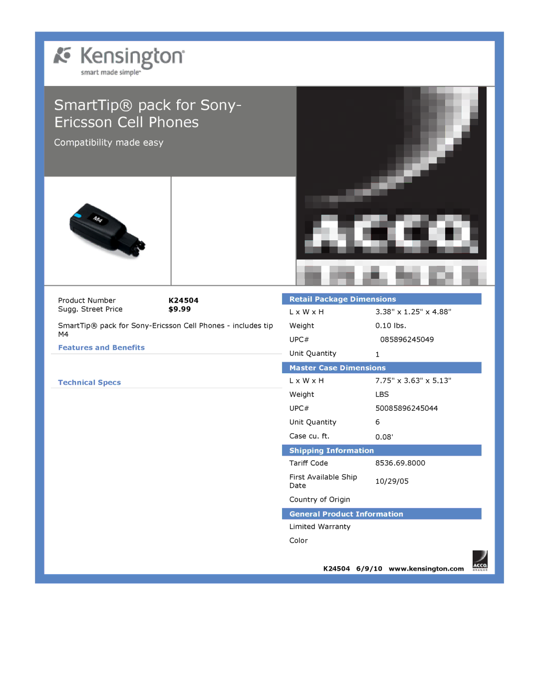 Kensington EU64325 dimensions SmartTip pack for Sony- Ericsson Cell Phones 