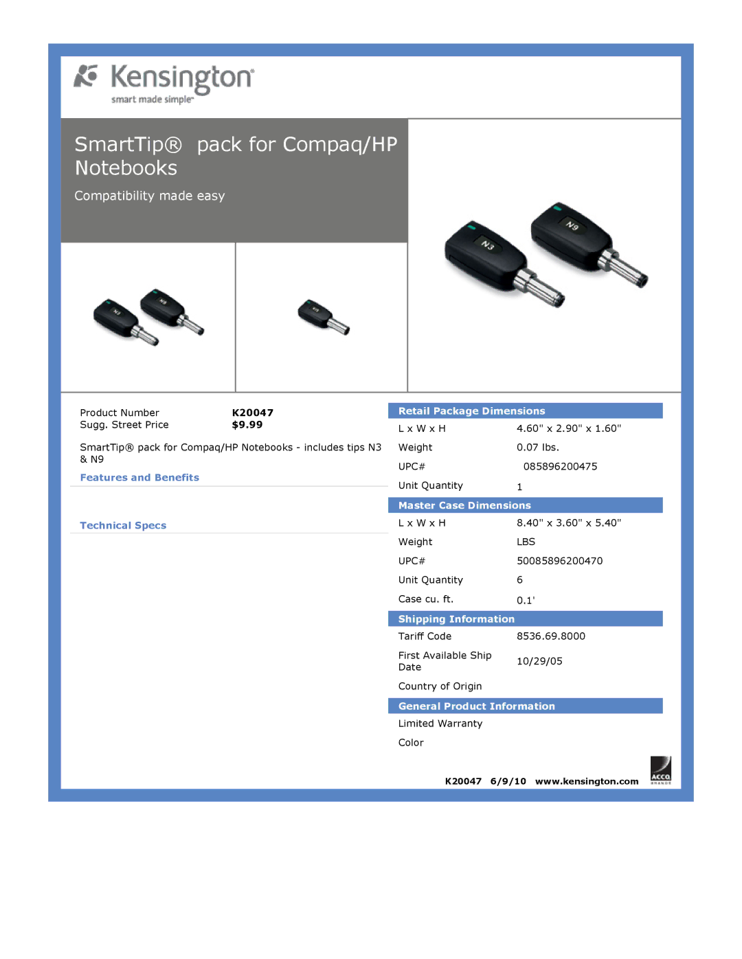 Kensington EU64325 dimensions SmartTip pack for Compaq/HP Notebooks, Compatibility made easy, $9.99 