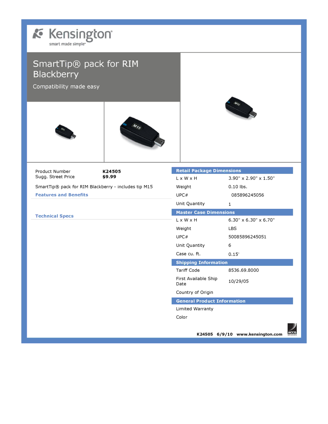 Kensington EU64325 dimensions SmartTip pack for RIM Blackberry 