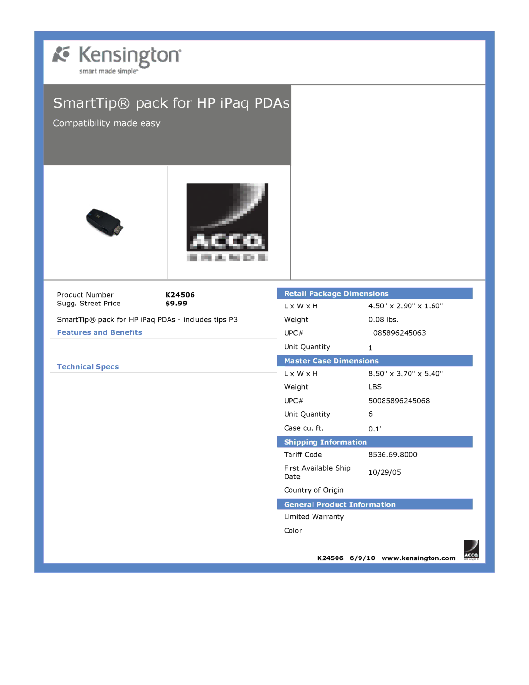 Kensington EU64325 dimensions SmartTip pack for HP iPaq PDAs 