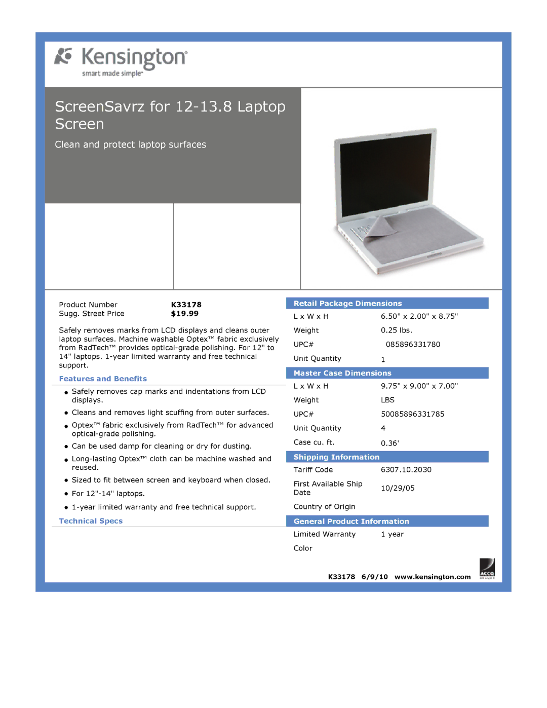 Kensington EU64325 dimensions ScreenSavrz for 12-13.8 Laptop Screen, Clean and protect laptop surfaces, $19.99 