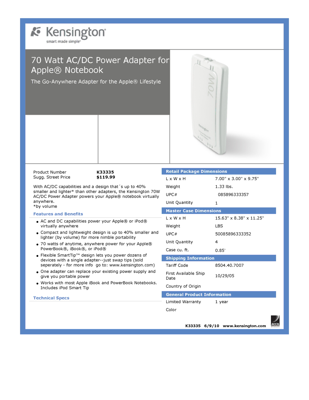 Kensington EU64325 Watt AC/DC Power Adapter for Apple Notebook, Go-Anywhere Adapter for the Apple Lifestyle, K33335 