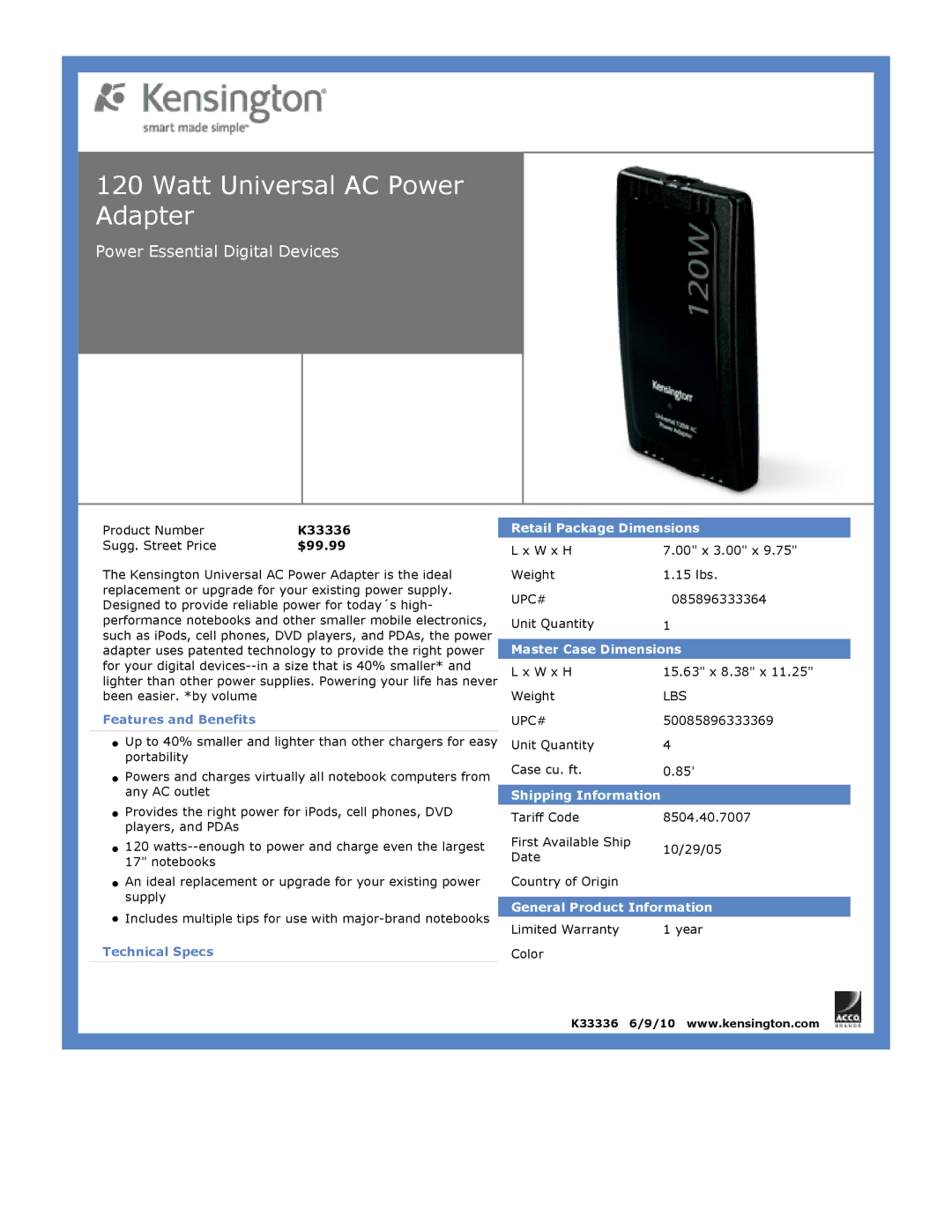 Kensington EU64325 dimensions Watt Universal AC Power Adapter, $99.99 