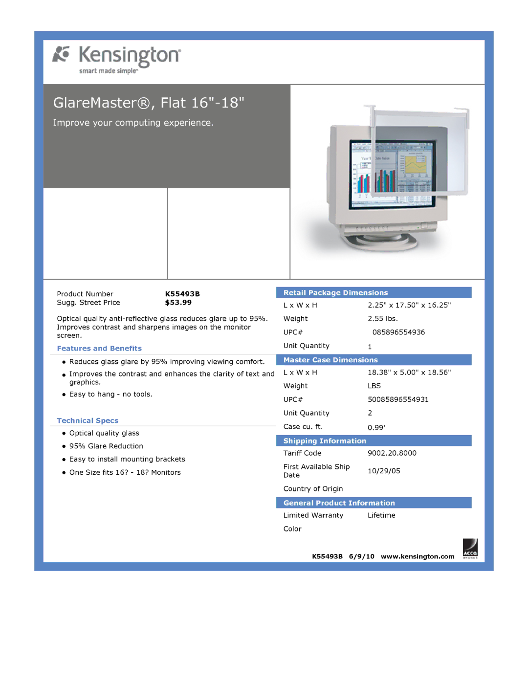 Kensington EU64325 dimensions GlareMaster, Flat, Improve your computing experience, $53.99 