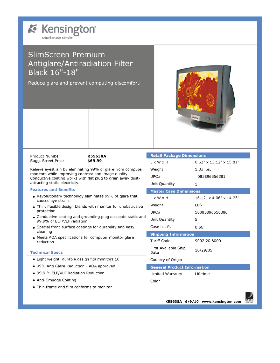 Kensington EU64325 SlimScreen Premium Antiglare/Antiradiation Filter Black, Reduce glare and prevent computing discomfort 