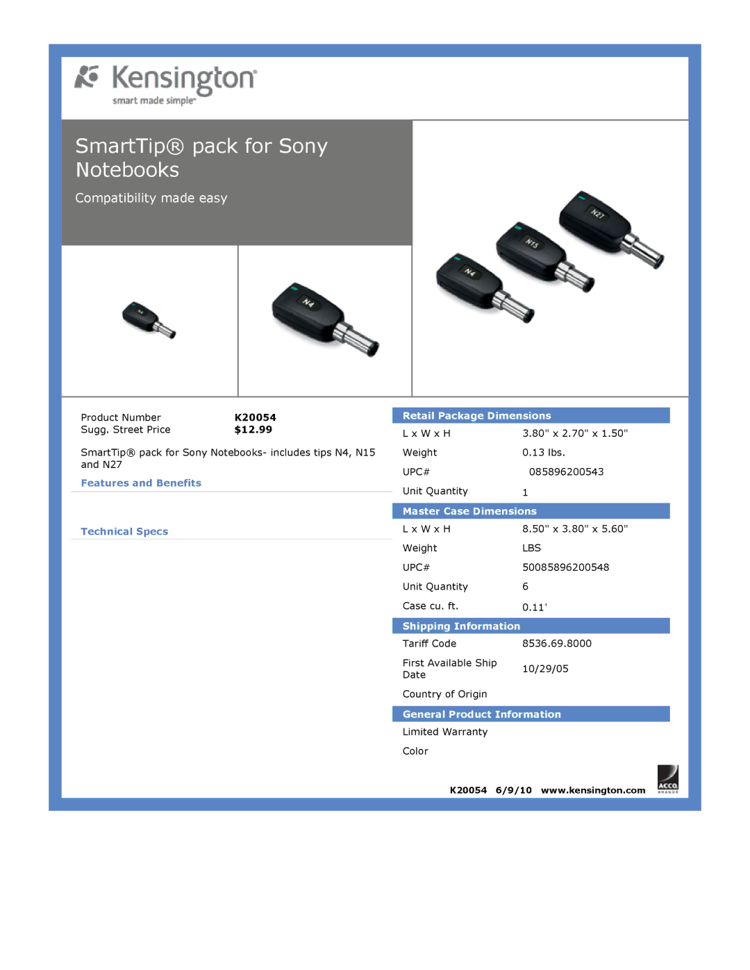 Kensington EU64325 dimensions SmartTip pack for Sony Notebooks 