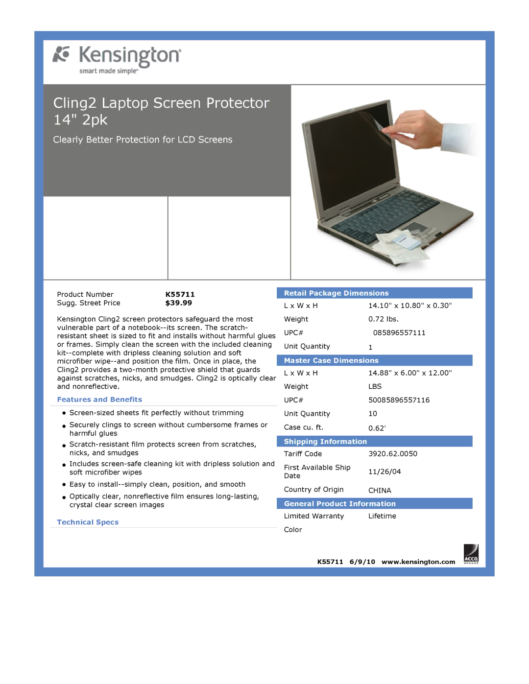 Kensington EU64325 dimensions Cling2 Laptop Screen Protector 14 2pk, Clearly Better Protection for LCD Screens 