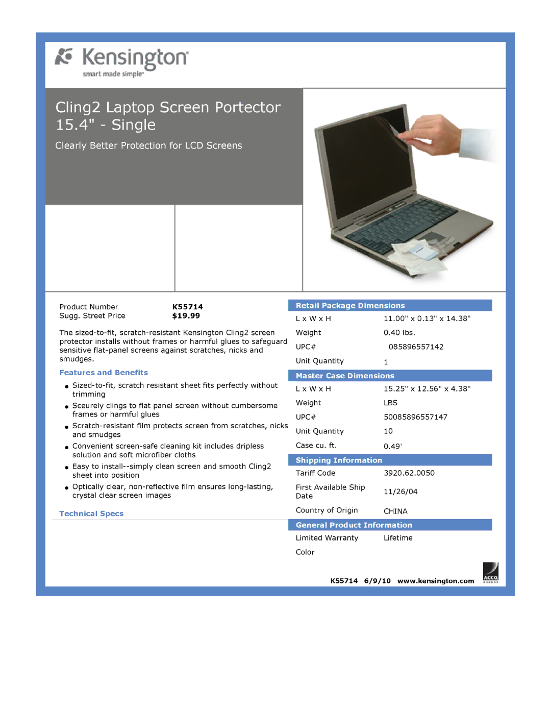 Kensington EU64325 dimensions Cling2 Laptop Screen Portector 15.4 Single 