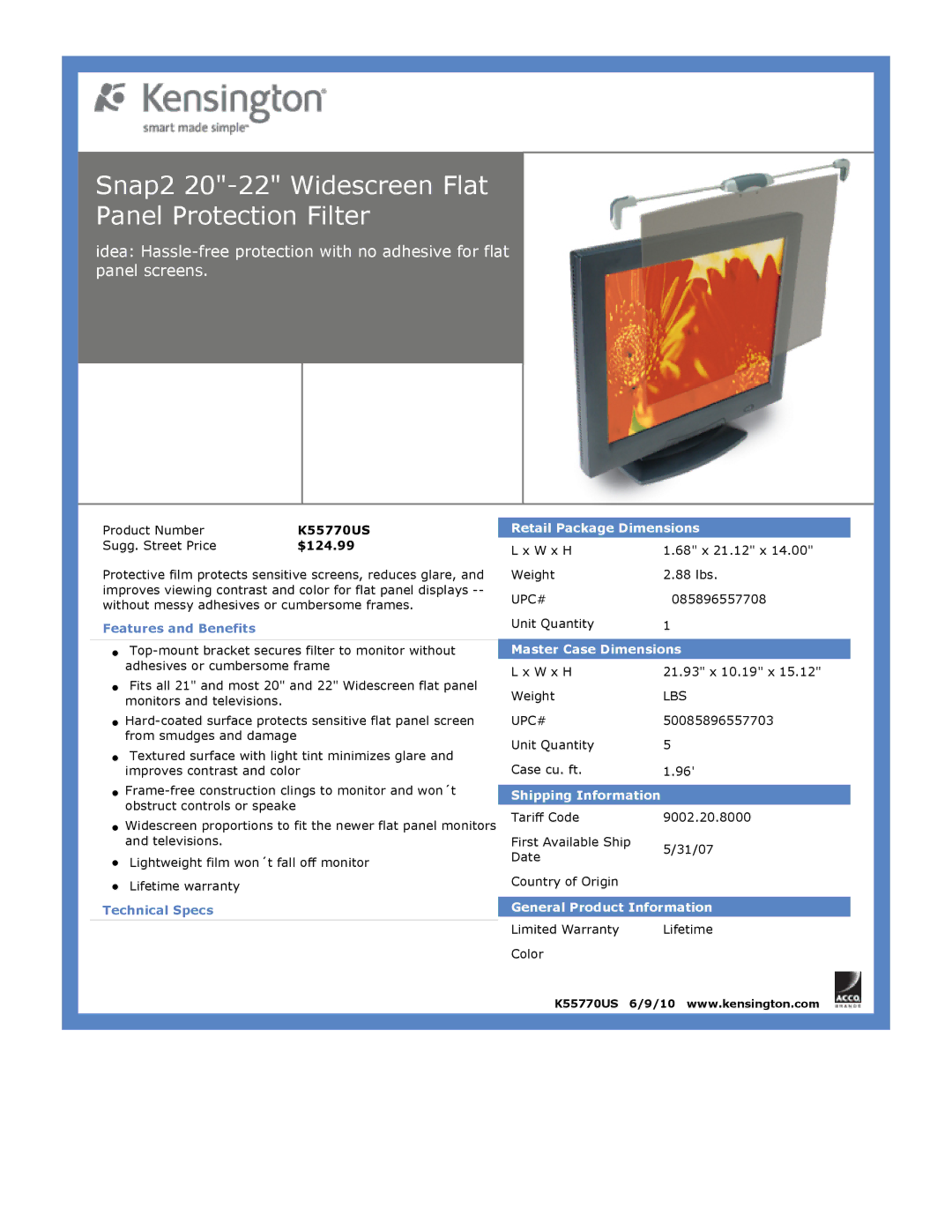 Kensington EU64325 dimensions Snap2 20-22 Widescreen Flat Panel Protection Filter, $124.99 