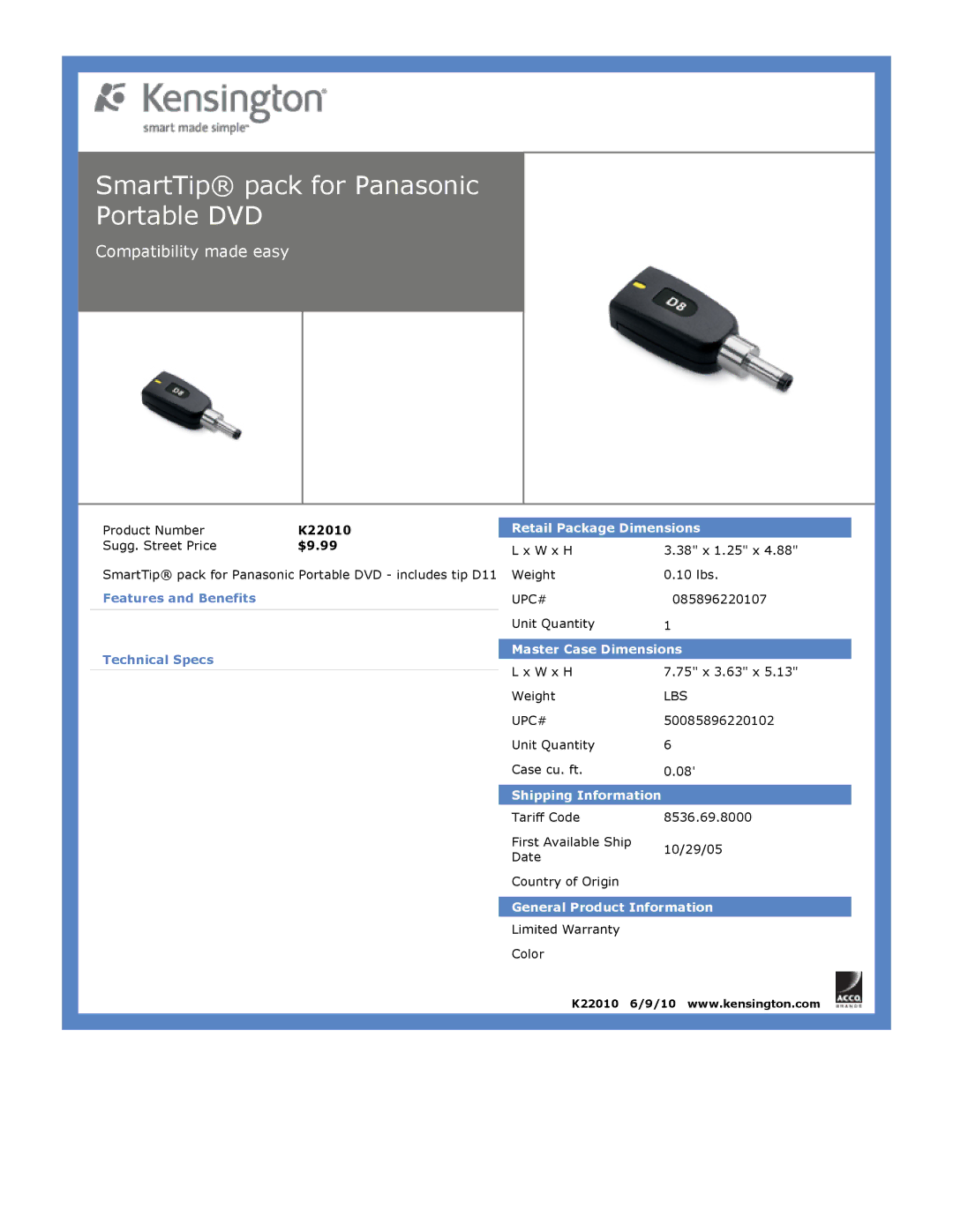 Kensington EU64325 dimensions SmartTip pack for Panasonic Portable DVD, K22010 