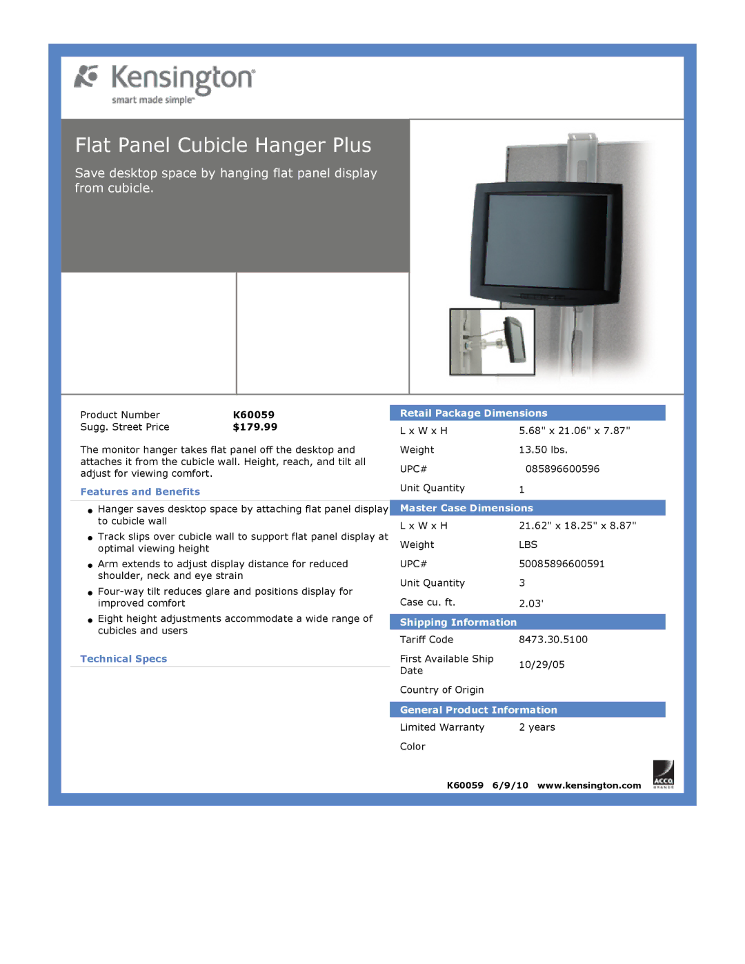 Kensington EU64325 dimensions Flat Panel Cubicle Hanger Plus, K60059 