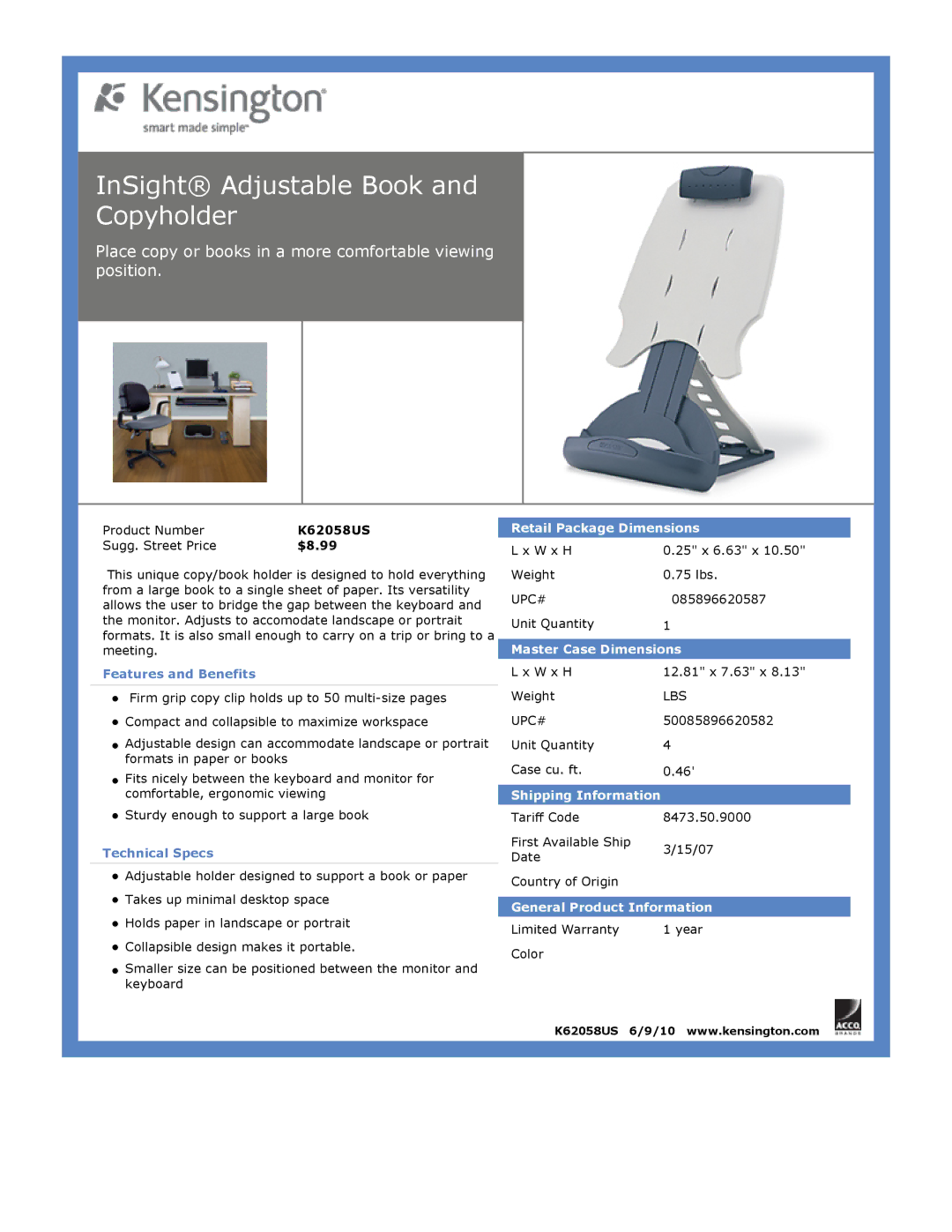 Kensington EU64325 InSight Adjustable Book and Copyholder, Place copy or books in a more comfortable viewing position 