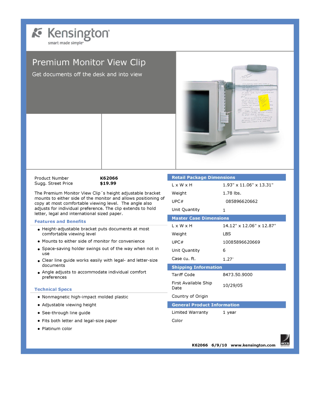 Kensington EU64325 dimensions Premium Monitor View Clip, Get documents off the desk and into view 