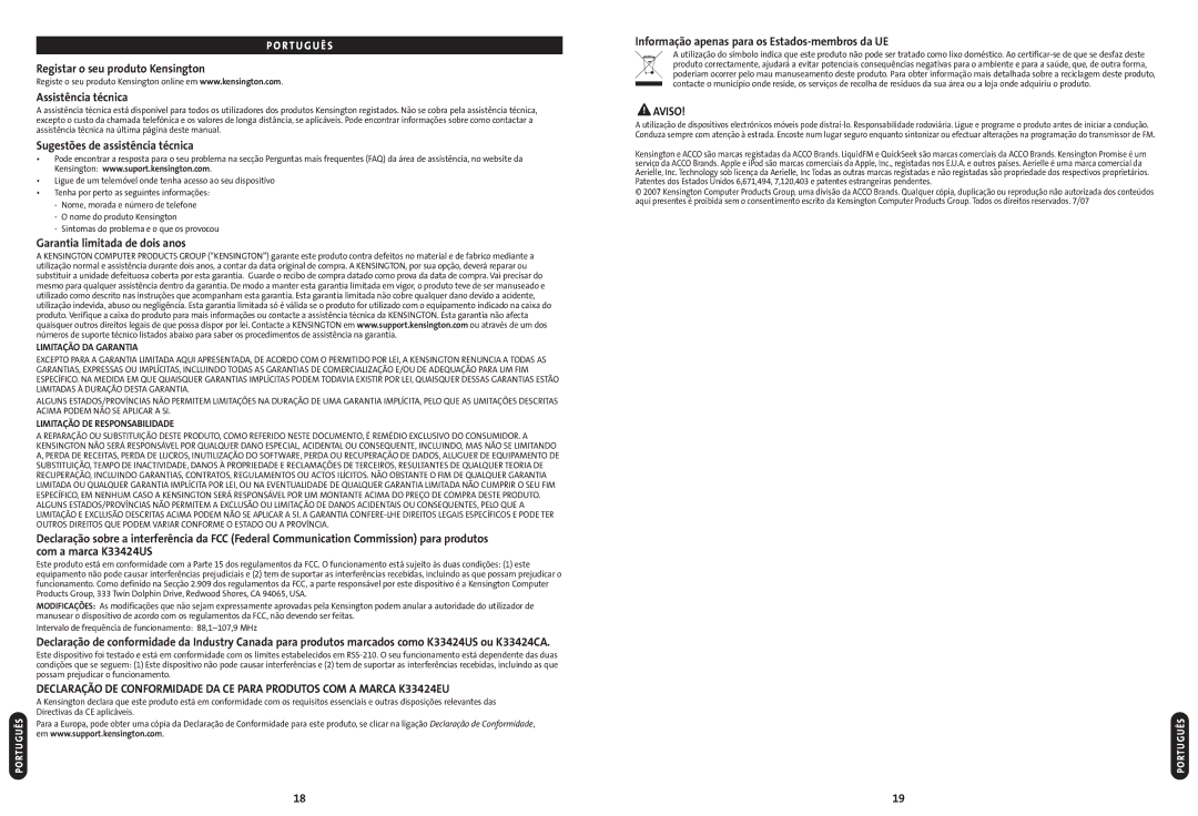 Kensington K33424EU, N1368 Registar o seu produto Kensington Assistência técnica, Sugestões de assistência técnica, Aviso 