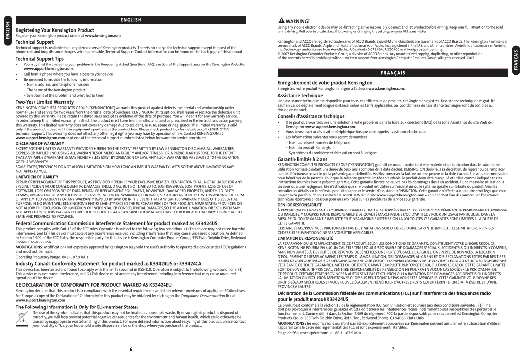 Kensington K33424US, N1368 manual CE Declaration of Conformity for Product Marked AS K33424EU 