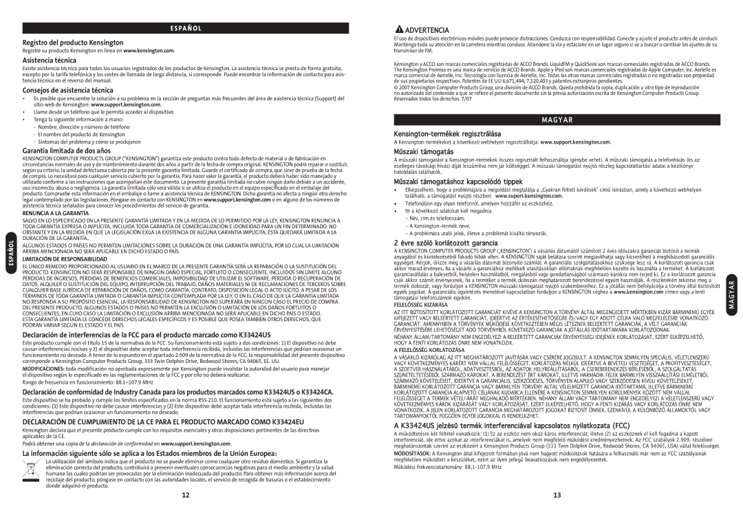 Kensington K33424EU manual Registro del producto Kensington Asistencia técnica, Consejos de asistencia técnica, Advertencia 