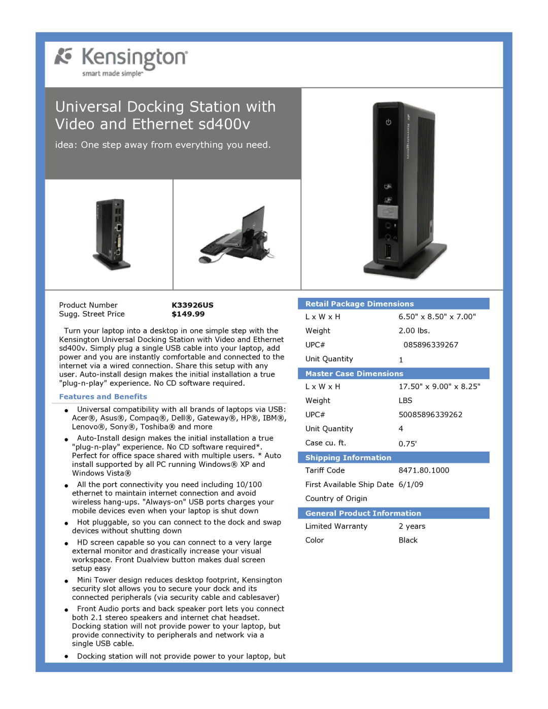 Kensington K33926US dimensions Universal Docking Station with Video and Ethernet sd400v, Retail Package Dimensions 