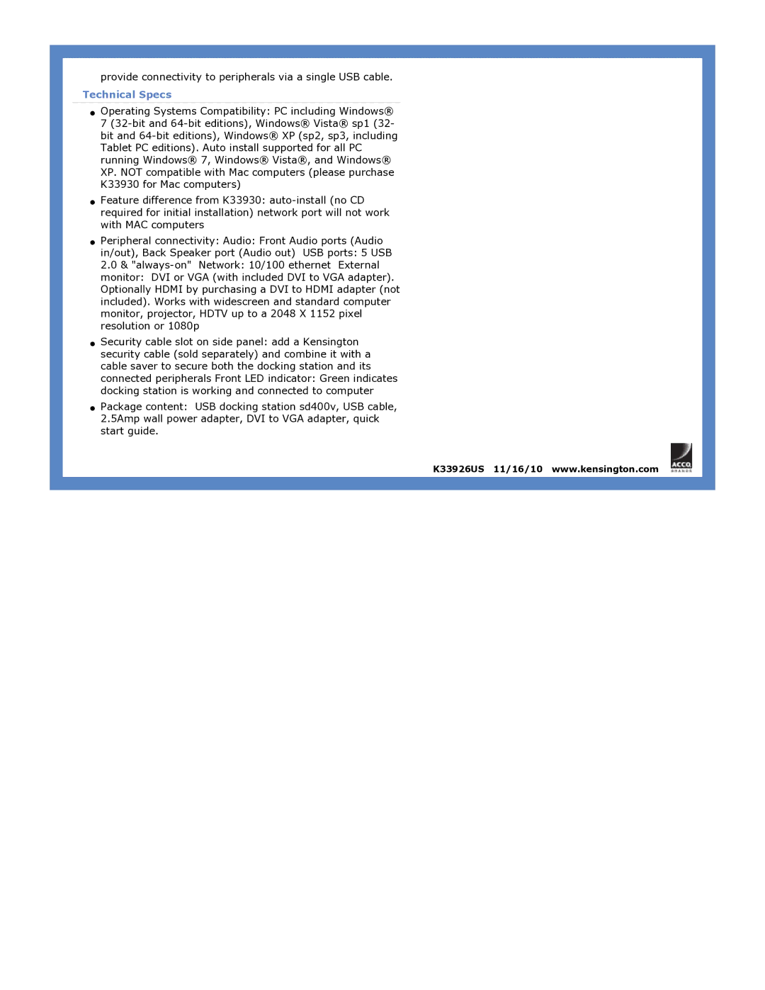 Kensington K33926US dimensions Technical Specs 