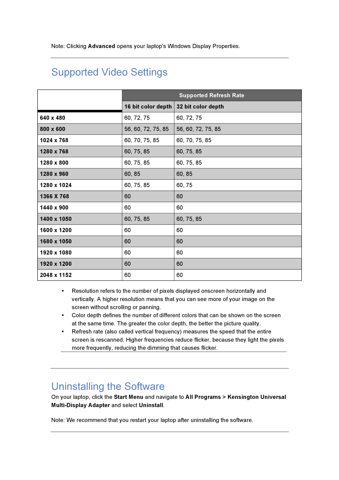 Kensington K33928 quick start Supported Video Settings, Uninstalling the Software 