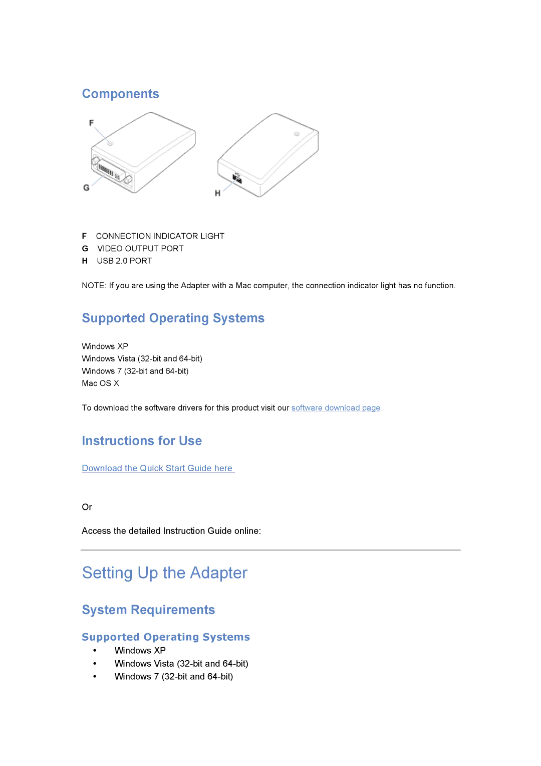 Kensington K33928 quick start Setting Up the Adapter, Components, Supported Operating Systems, Instructions for Use 