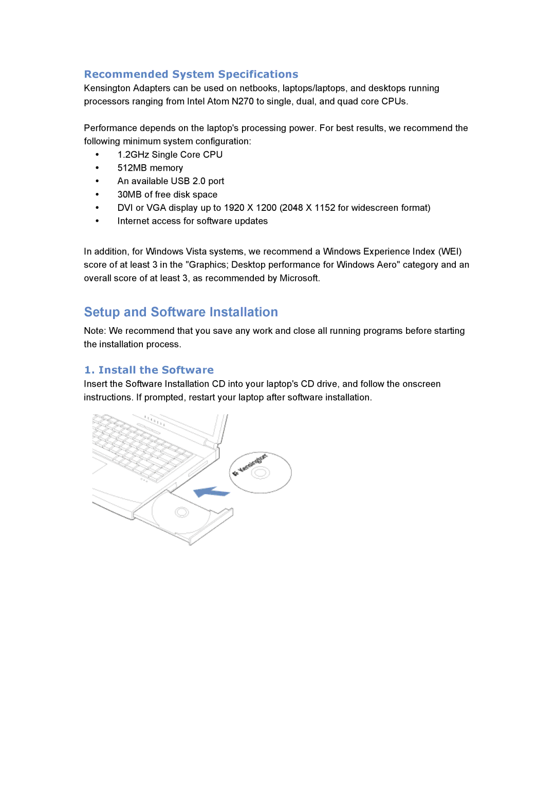 Kensington K33928 quick start Setup and Software Installation, Recommended System Specifications, Install the Software 