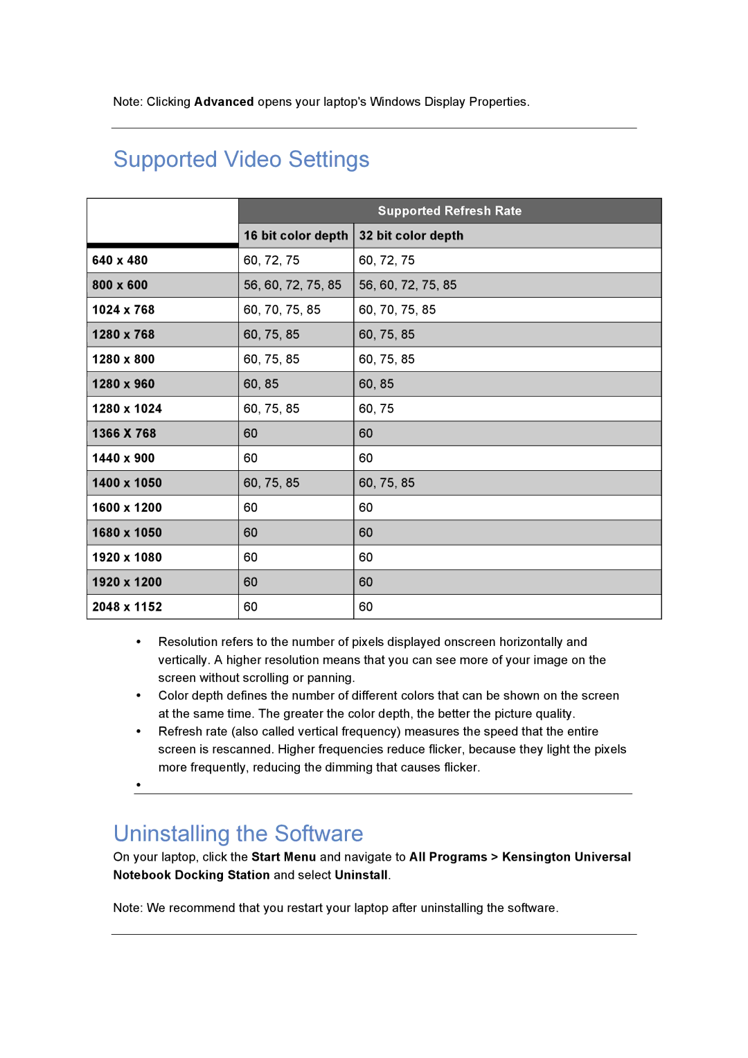 Kensington K33930 specifications Supported Video Settings, Uninstalling the Software 