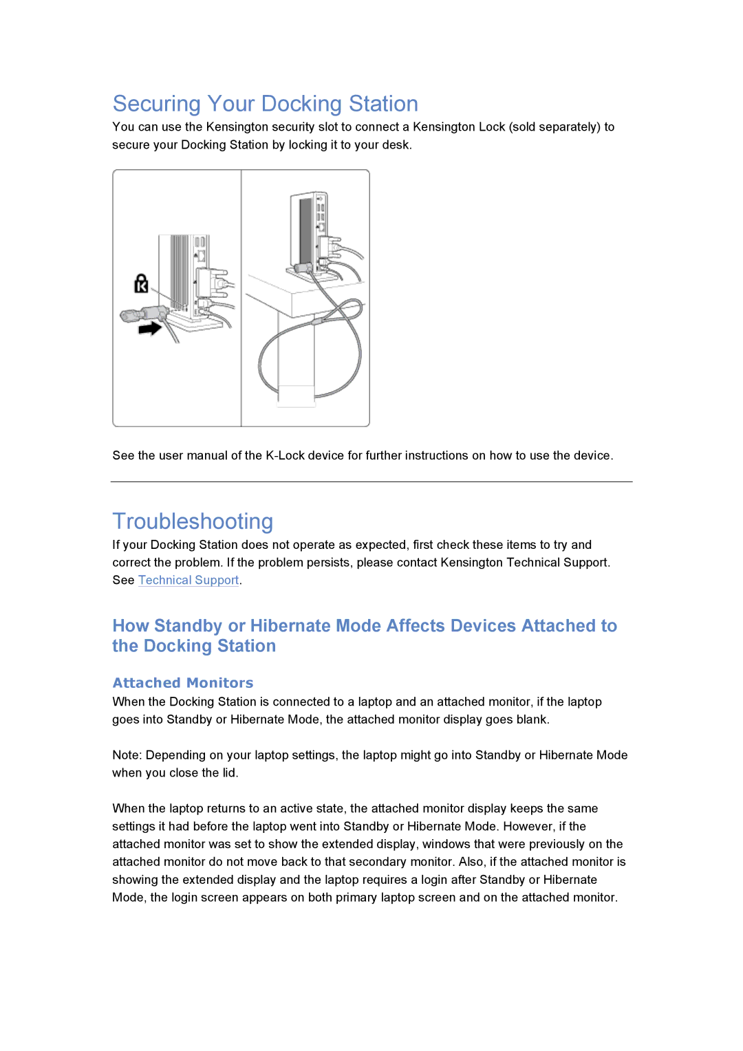 Kensington K33930 specifications Securing Your Docking Station, Troubleshooting, Attached Monitors 