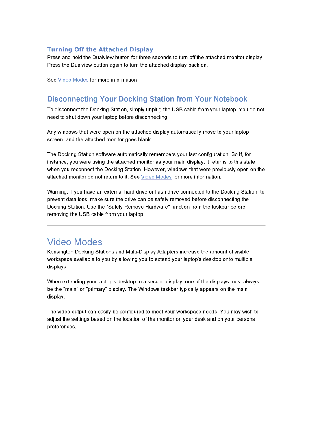 Kensington K33930 Video Modes, Disconnecting Your Docking Station from Your Notebook, Turning Off the Attached Display 