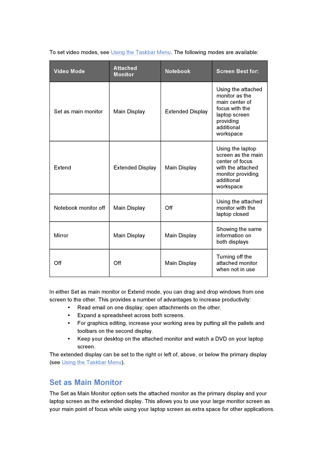 Kensington K33930 specifications Set as Main Monitor, Video Mode Attached Screen Best for Monitor 