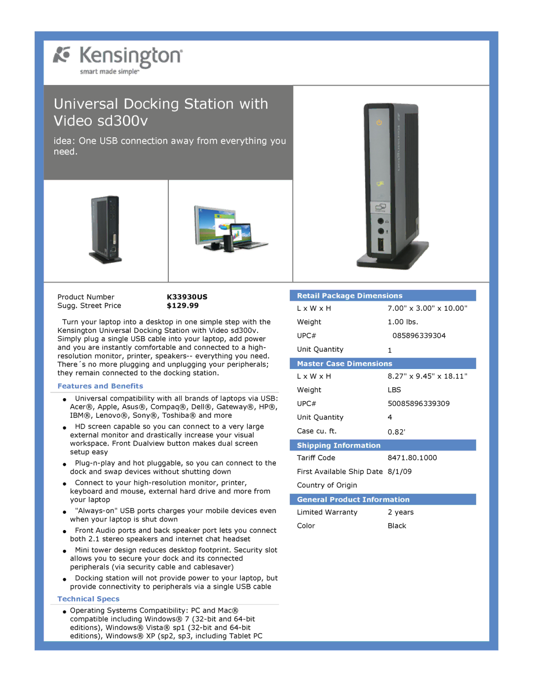 Kensington K33930US dimensions Universal Docking Station with Video sd300v, Retail Package Dimensions 