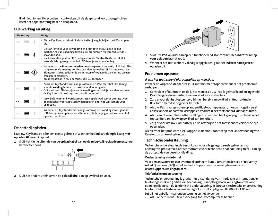 Kensington K39533 quick start LED-werking en uitleg, De batterij opladen, Problemen opsporen, Technische ondersteuning 