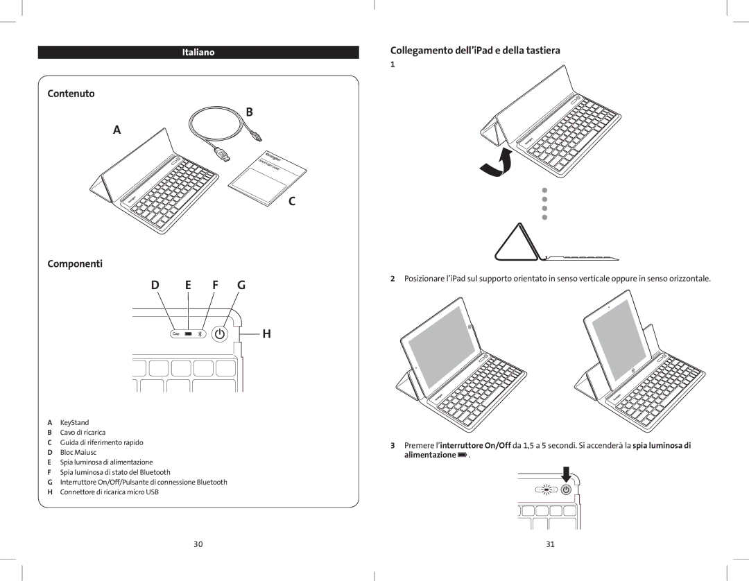 Kensington K39533 quick start Contenuto, Componenti, Collegamento dell’iPad e della tastiera 