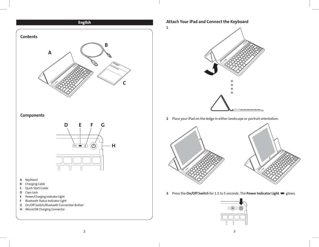 Kensington K39533 quick start Contents, Components, Attach Your iPad and Connect the Keyboard 