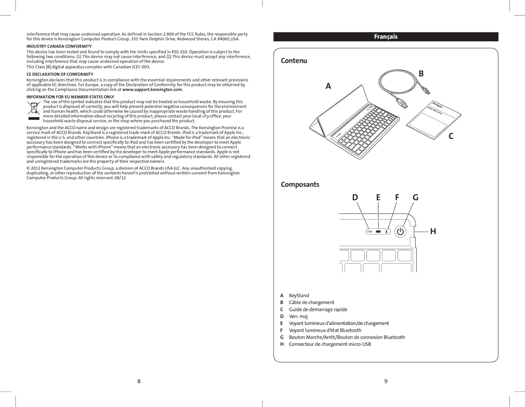 Kensington K39533 quick start Contenu, Composants, Industry Canada Conformity 