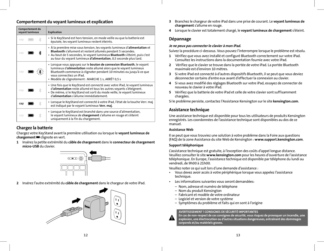 Kensington K39533 Comportement du voyant lumineux et explication, Chargez la batterie, Dépannage, Assistance technique 