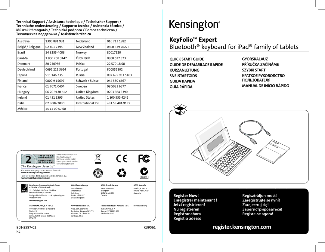 Kensington K39561 quick start Register.kensington.com 