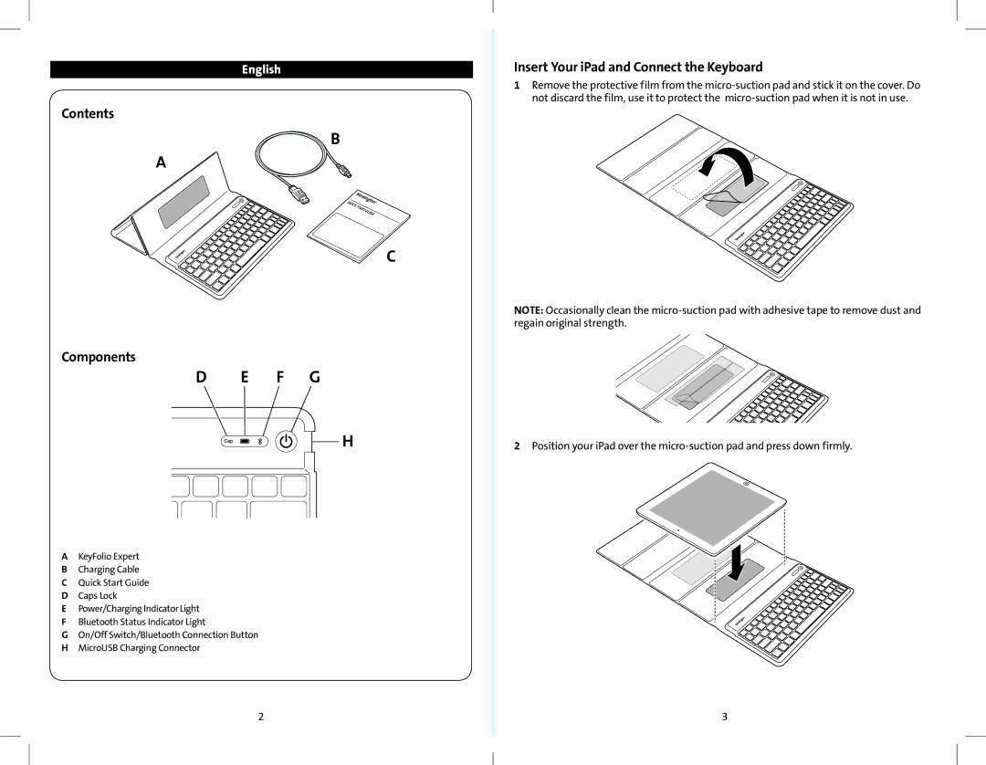 Kensington K39561 quick start Contents, Components, Insert Your iPad and Connect the Keyboard 