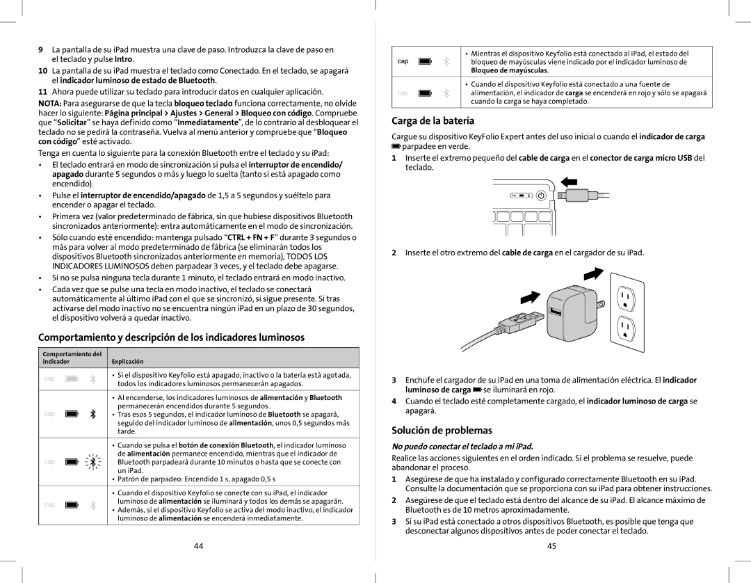 Kensington K39561 Comportamiento y descripción de los indicadores luminosos, Carga de la batería, Solución de problemas 