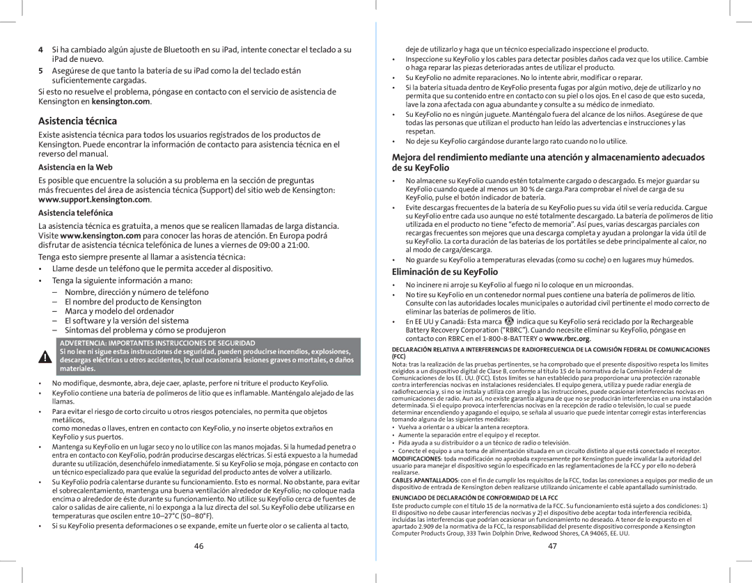 Kensington K39561 Asistencia técnica, Eliminación de su KeyFolio, Advertencia Importantes Instrucciones DE Seguridad 