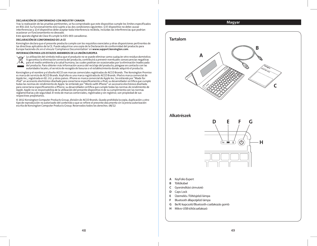 Kensington K39561 quick start Tartalom, Alkatrészek, Declaración DE Conformidad CON Industry Canada 