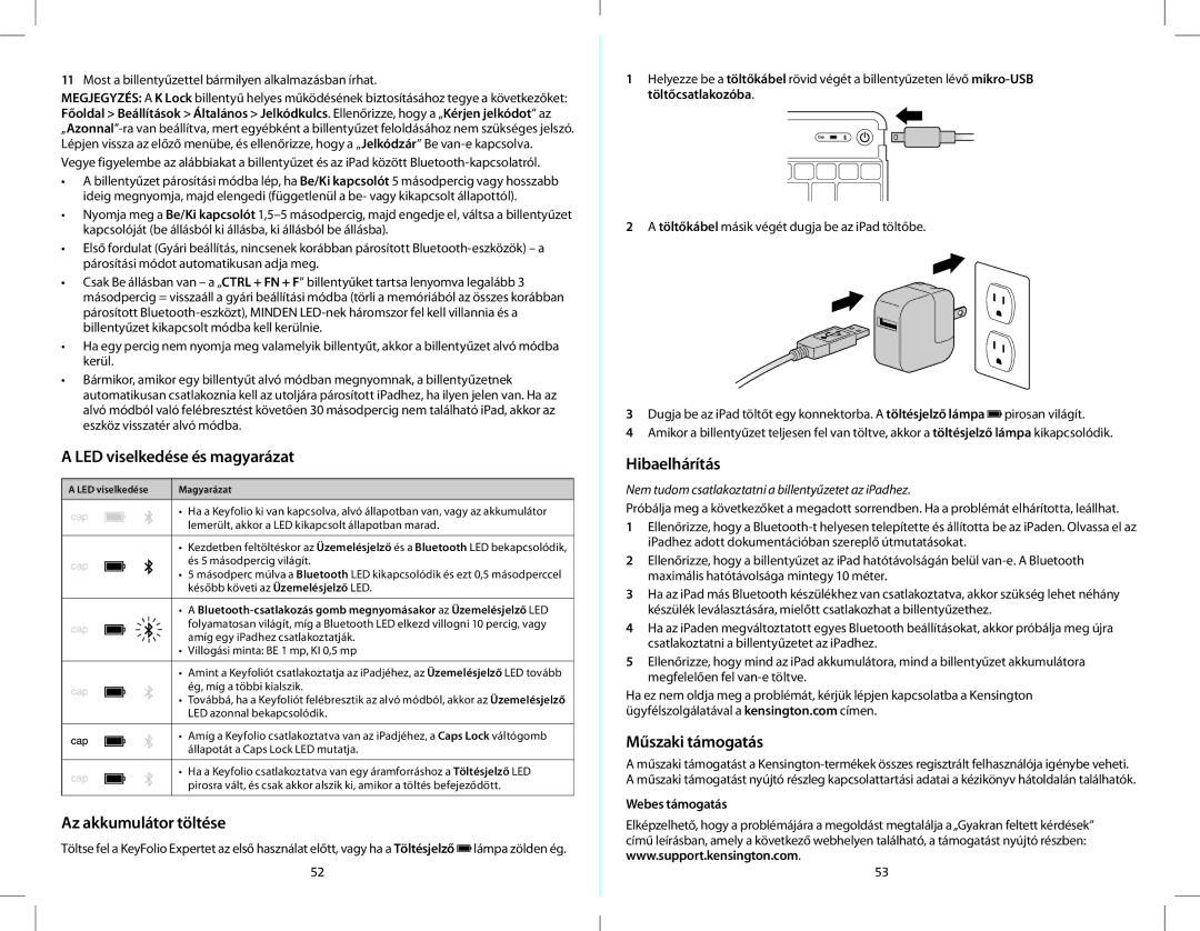 Kensington K39561 quick start LED viselkedése és magyarázat, Az akkumulátor töltése, Hibaelhárítás, Műszaki támogatás 