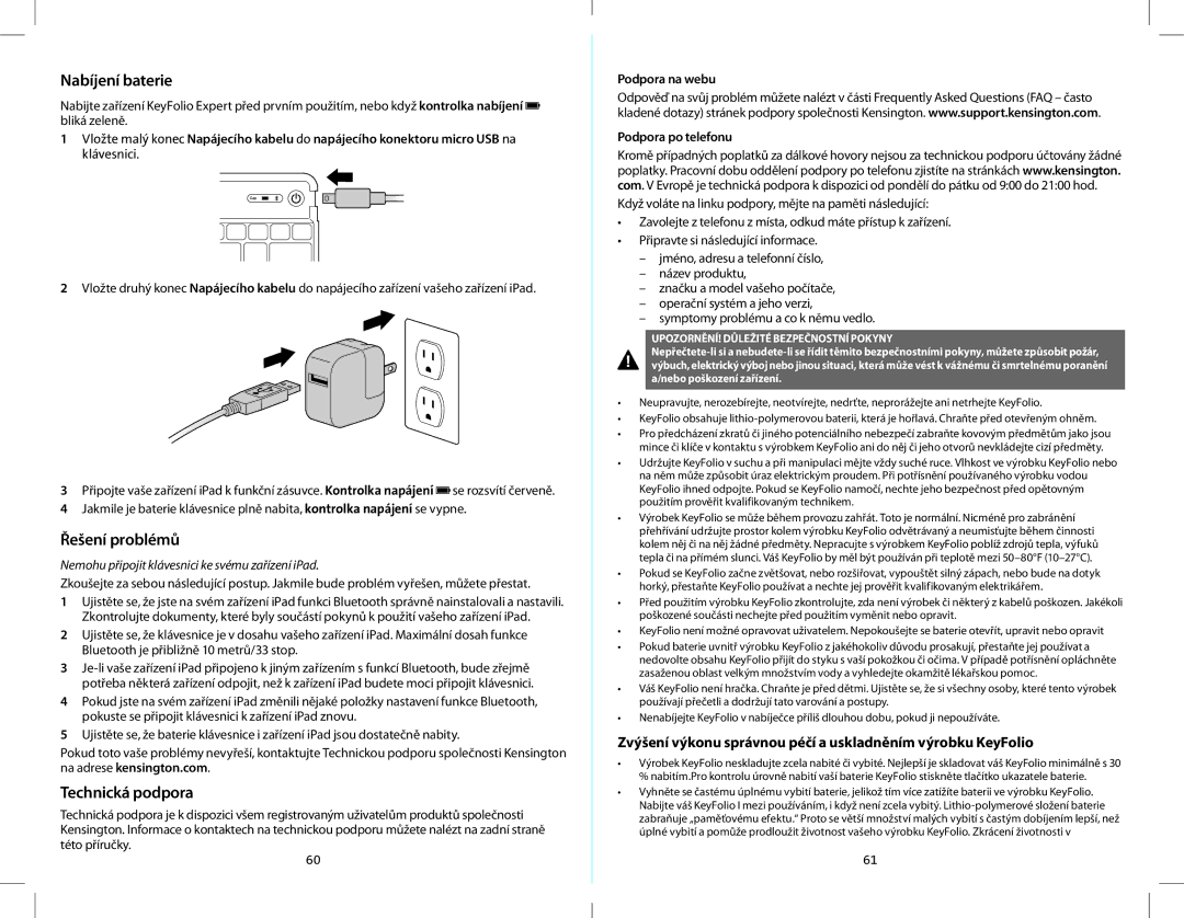 Kensington K39561 Nabíjení baterie, Řešení problémů, Technická podpora, Nemohu připojit klávesnici ke svému zařízení iPad 